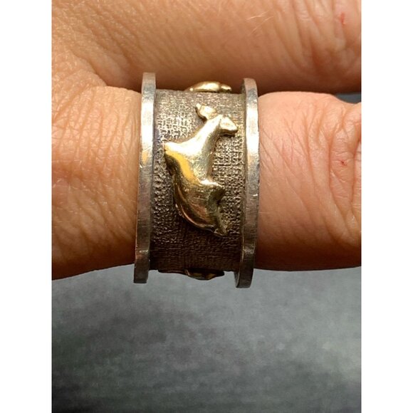 Dolphin Ring Wide 14k Gold 925 Sterling Wide Band Size 8.75 Textured Chunky Ring - Picture 6 of 8